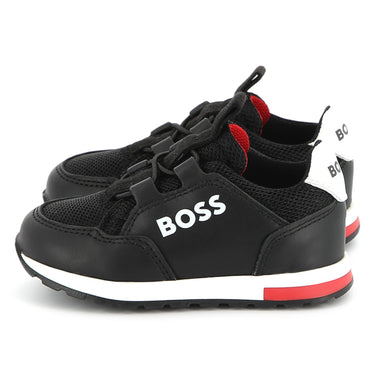 BOSS Tenis para niño chico sin agujetas color negro, detallen en rojo y logo BOSS al costado